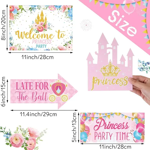 Miniatura 2 de Epakh 20 piezas de decoraciones de fiesta de princesa, letreros de bienvenida para fiesta de princesa, letreros direccionales de color rosa femenino
