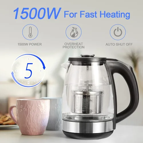 Miniatura 6 de ShanSon Hervidor eléctrico con infusor de té de 1,7 L, control de temperatura, hervidor de té eléctrico de vidrio de 1500 W, caldera de agua