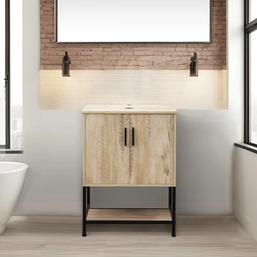 Miniatura 53 de UEV Tocador de Baño de Roble Rústico de 24" con Lavabo, Conjunto de Gabinete de Baño con Marco de Hierro Industrial con Puertas y Estante, con Combo