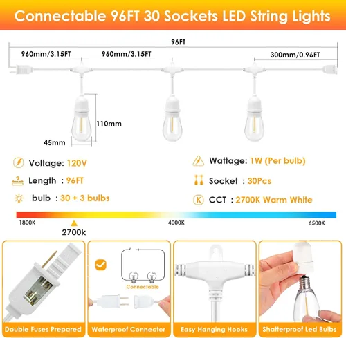 Miniatura 5 de Mlambert Luces de Cadena para Exteriores de Cable Blanco de 96 Pies con 30+3 Bombillas LED de Plástico, Regulables Impermeables Irrompibles