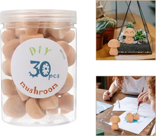 Miniatura 3 de EXCEART Juego de 30 piezas de hongos de madera naturales sin terminar con formas de hongos, figuras de hongos, mini muñecas de madera para artes y B