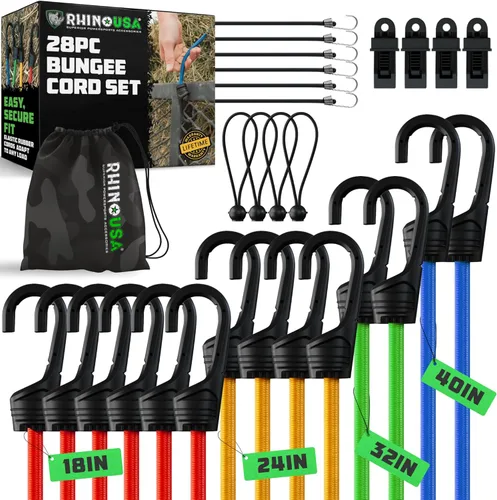Correas elásticas de goma Rhino USA resistentes para exteriores con ganchos ajustables (paquete de 12) Correas variadas resistentes al clima con