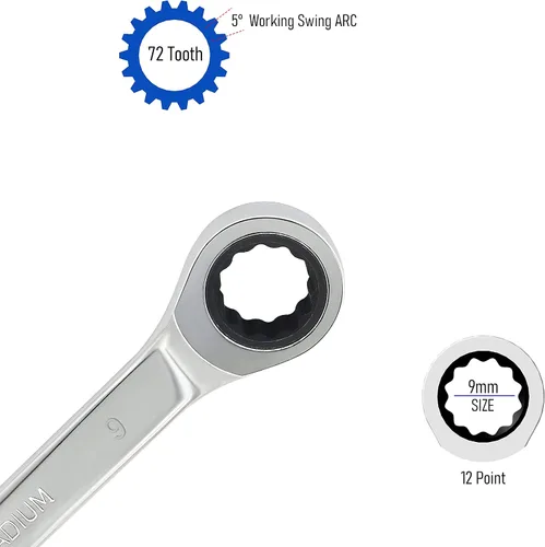 Miniatura 4 de Llave de trinquete con extremo de caja doble, 0.315 in x 0.354 in, métrica, 72 dientes, herramientas de trinquete de 12 puntos, CR-V tratada