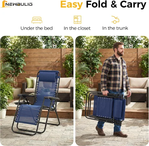 Miniatura 5 de NEWBULIG Juego de Sillas de Gravedad Cero de 2, Silla de Salón Plegable Portátil Ajustable para Acampar, Sillas Reclinables con Cojín Ajustable