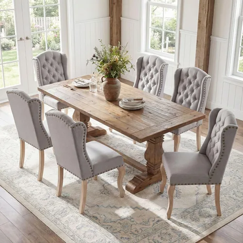 Miniatura 15 de chairus Juego de 4 sillas de comedor con diseño capitoné Parsons, tapizadas de estilo rústico francés con ribete de cabeza de clavo y patas