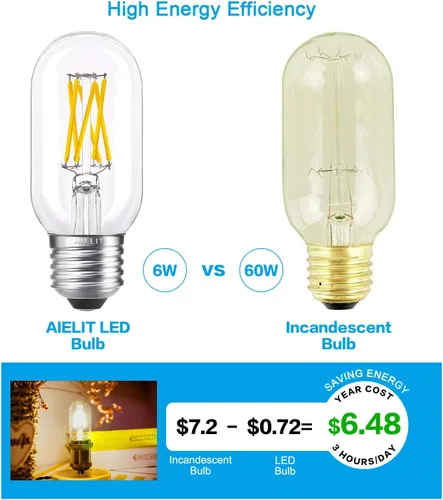 Miniatura 5 de Bombilla LED E26 regulable T45/T14, 6 W (equivalente a 60 W), blanco suave 3000 K, bombillas LED vintage de filamento para lámpara de araña de baño