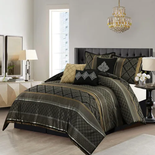 Miniatura 2 de Grand Avenue Juego de edredón geométrico negro y dorado, tamaño California King, juego de ropa de cama jacquard de 7 piezas, ultra suave, fundas a