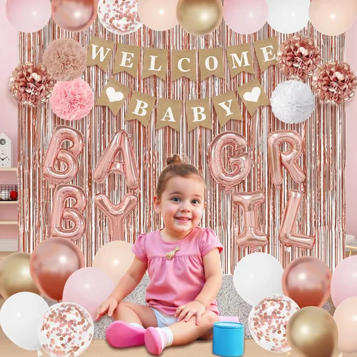 Miniatura 6 de Ouddy Party Decoraciones de Baby Shower Oro Rosa para Niña con Pancarta Welcome Baby Niñas Bebés Globos de Papel de Aluminio Oro Rosa Rosa Dorado