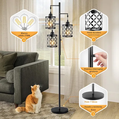 Miniatura 5 de Lámpara de pie regulable, lámpara de pie de granja con elegante jaula de metal, lámparas de pie industriales de árbol alto para sala de estar, Negro