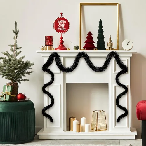 Miniatura 7 de Guirnalda de oropel de Navidad negra de 25 pies, guirnalda de papel de aluminio metálico para colgar en la pared, telón de fondo para flotadores