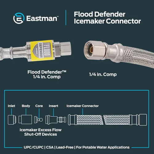 Miniatura 6 de Eastman Conector para máquina de hielo, compresión de 1/4 de pulgada, válvula de cierre automático Flood Defender, manguera de acero inoxidable