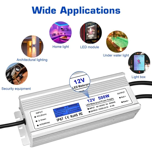 Miniatura 6 de Controlador LED de 500 vatios, fuente de alimentación impermeable IP67 de 12 V, CA 90-140 V a CC 12 V 41.6 A transformador de bajo voltaje