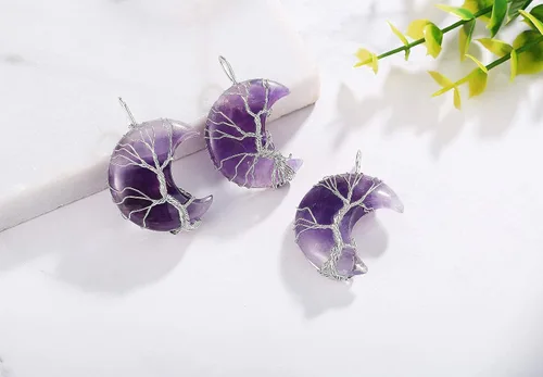 Miniatura 7 de XIANNVXI Collar con colgante de luna creciente envuelta en alambre con forma de árbol de la vida Collar con piedras de cristal curativo de reiki