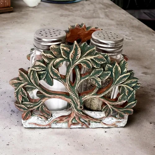 Miniatura 7 de Tree of Life - Juego de salero y pimentero, soporte y dos cocteleras de vidrio con tapas de acero inoxidable, decorativo, moderno, rústico, celta