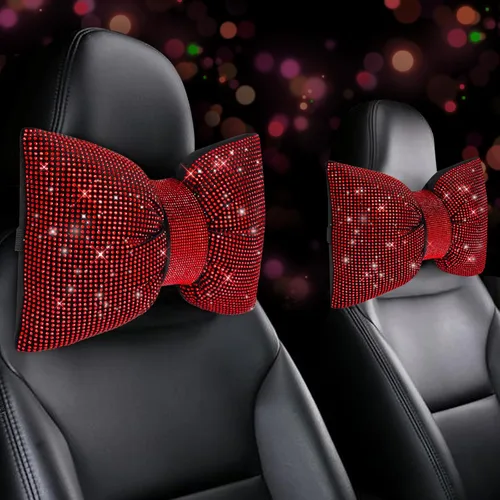 Miniatura 12 de 2 PCS Almohadas Brillantes para Automóvil, Almohada de Reposacabezas de Coche con Lazo de Pedrería, Almohada Cervical para Coche para Relajación