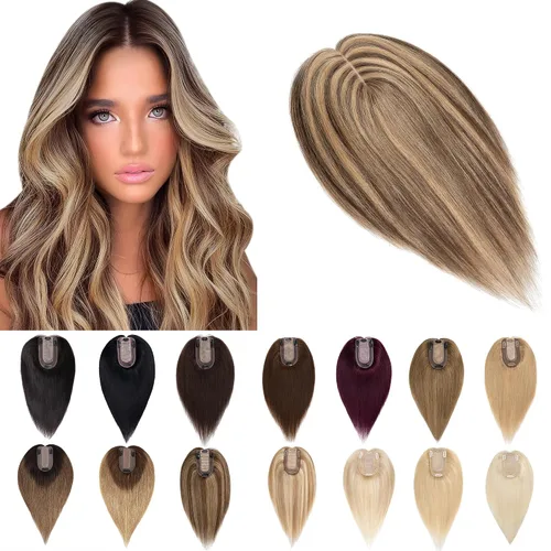 SEGO Toppers de cabello humano para mujeres con cabello adelgazante, base de seda de 7 * 13CM (2.8 x 5.1 in), 100% cabello humano real, postizos