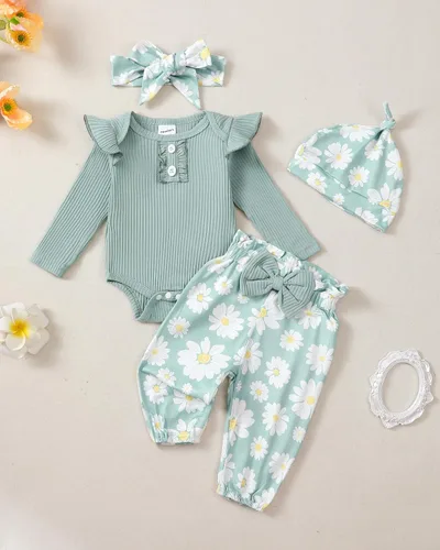 Miniatura 99 de Renotemy Conjunto de ropa para bebé recién nacida, mameluco con volantes, pantalones florales, lindo conjunto de ropa para bebé niña