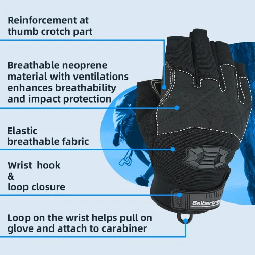 Miniatura 4 de Seibertron Guantes de palma acolchada con dedos completos o semi-dedos, ligeros y transpirables para escaladores, escalada en roca, rescate, 3/4