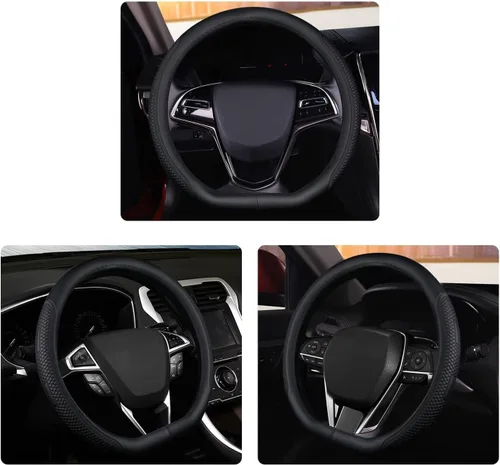 Miniatura 5 de Funda para volante en forma de D, universal de 36.8-38 cm, de cuero negro para automóvil con mejor agarre deportivo para hombres y mujeres, se D