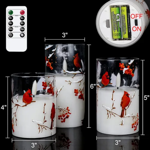 Miniatura 2 de GenSwin Velas de cristal sin llama Red Bird con temporizadores remotos, funciona con pilas, luz LED parpadeante con mecha 3D, velas de pilar de cera