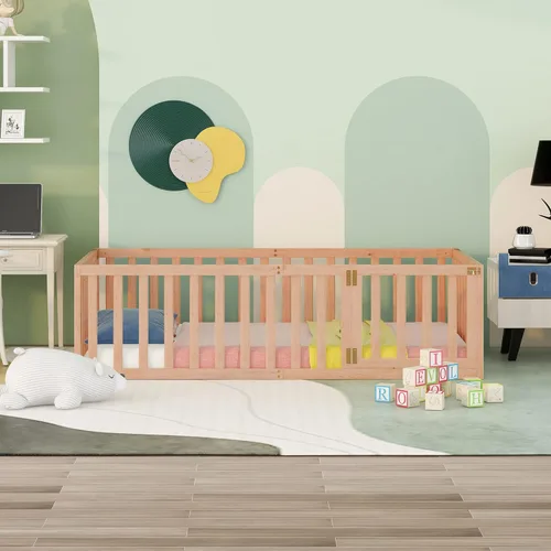 Miniatura 3 de MERITLINE Base de cama de tamaño individual para niños, cama de madera para niños con valla, cama Montessori con puerta, para niños mayores de 6