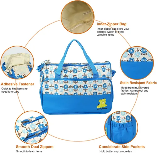 Miniatura 5 de TeqHome Juego de 5 bolsas de pañales, bolsa grande para mamá con cambiador de pañales portátil, funda para chupete, bolsas de viaje para bebé