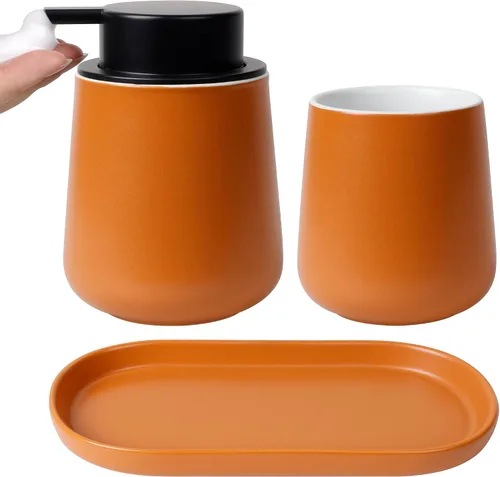 Miniatura 13 de BosilunLife Juego de accesorios de baño 3 piezas - Juego de dispensador de jabón con espuma de cerámica para baño, decoración de baño estilo casa