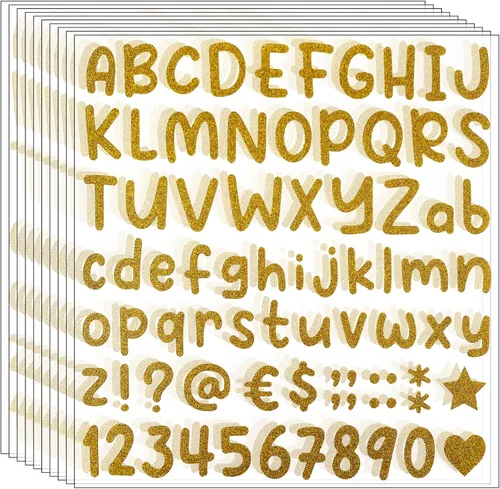 790 piezas de 10 hojas de calcomanías de letras autoadhesivas con purpurina para decoración de aulas, decoración de gorras de graduación, Dorado