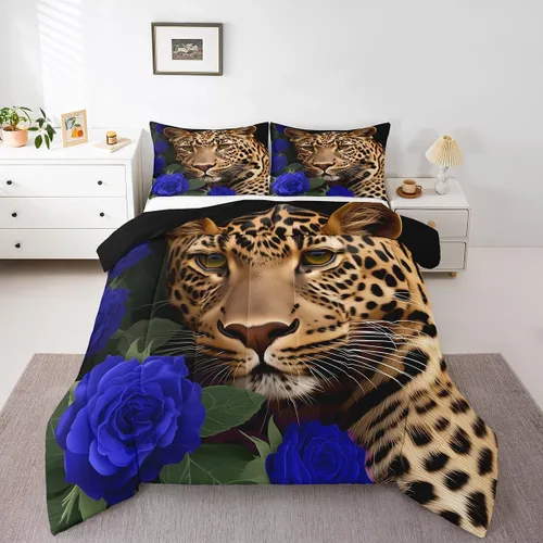 Miniatura 3 de Erosebridal Juego de ropa de cama de guepardo con rosa azul, juego de edredón con estampado de leopardo y gato, edredón romántico de plumón
