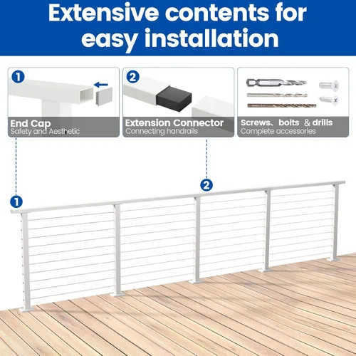 Miniatura 5 de Muzata Barandilla de cable blanco de 6 pies 6 pulgadas Pasamanos rectangular de acero inoxidable para sistema de barandilla de cable Riel superior