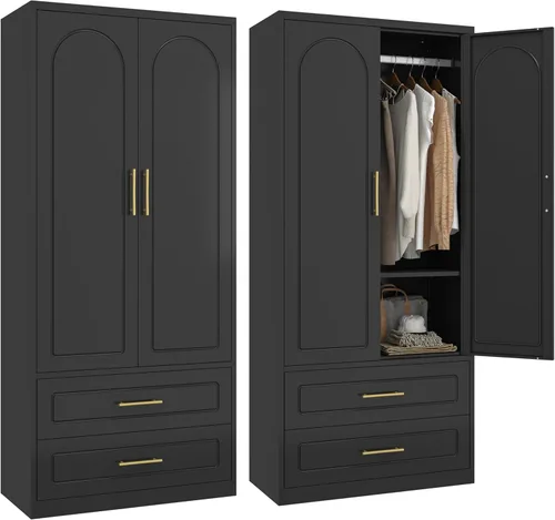 Miniatura 8 de Armarios de Metal con Cajones, Armario Guardarropa Negro con Barra para Colgar, Gabinete de Almacenamiento de Ropa con Estantes Ajustables