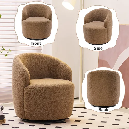Miniatura 7 de KIVENJAJA Boucle - Silla giratoria de barril tapizada de sherpa con brazos redondos, sillón individual pequeño de 360 grados para guardería, sala