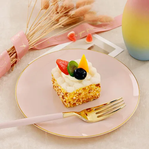 Miniatura 5 de I00000 72 platos de postre de plástico rosa con tenedores desechables, platos de pastel rosa de primera calidad, plato de aperitivo elegante con Oro