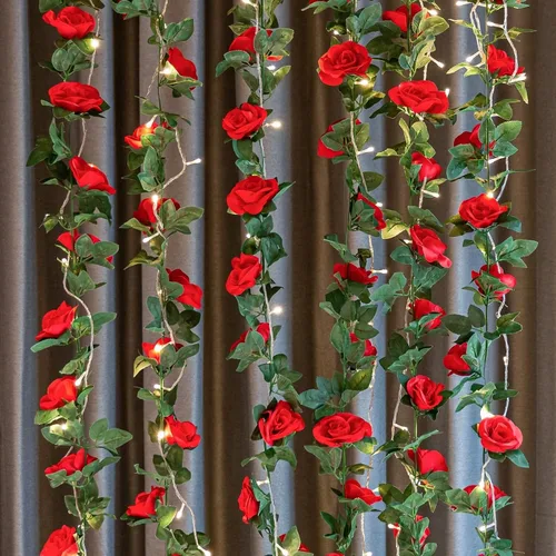 Miniatura 4 de Paquete de 2 guirnaldas de rosas artificiales de 16 pies – Rosa roja falsa de seda para arco de boda, decoración de pared del hogar, día de San Rojo