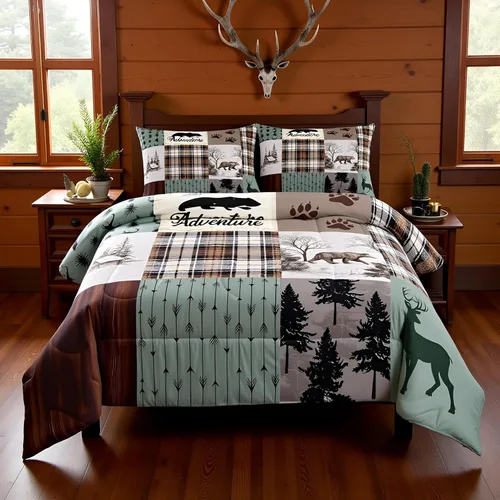 Miniatura 215 de Juego de edredón de cuernos de ciervo tamaño individual, juego de ropa de cama rústica de granja con huellas de oso y pinos para decoración