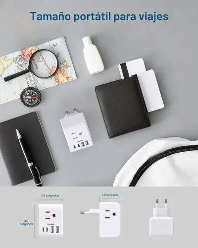 Miniatura 5 de Paquete de 2 adaptadores de enchufe de viaje europeos, adaptador de enchufe internacional con 3 tomas, 3 puertos de carga USB (1 USB C), adaptador