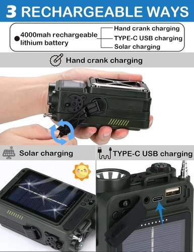 Miniatura 4 de ZHIWHIS Radio de onda corta con Bluetooth, radios de emergencia meteorológica AM/FM/SW/NOAA, manivela/solar/4000mAh/SOS/ruido
