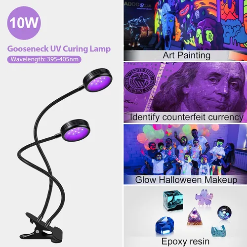 Miniatura 5 de Luz negra UV USB de doble cabeza, lámpara LED de 10W 395nm-405nm con abrazadera, cuello de cisne para curado de resina, luz negra, pósters