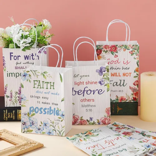 Miniatura 5 de Yeaqee 24 bolsas de regalo religiosas cristianas a granel con asas, 6 estilos reutilizables, flores religiosas, bautismo religioso, versículo