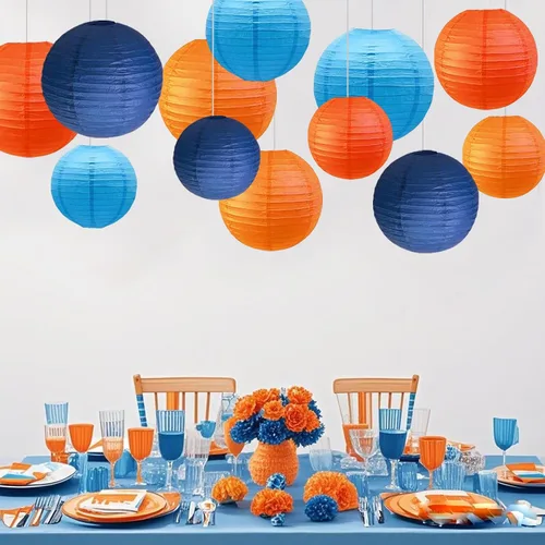 Miniatura 4 de Decoraciones de fiesta azules y naranjas, 12 linternas de papel para cumpleaños, baby shower, boda, decoración de fiesta