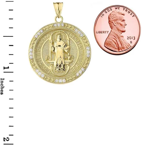 Miniatura 3 de Elegante colgante de medallón de San Benito de dos caras con circonita cúbica de oro amarillo de 10 quilates