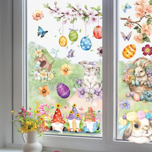 Miniatura 7 de WALPLUS Decoración de primavera para ventana de conejito de Pascua, decoración de primavera, de verano, reutilizable, para despegar y pegar