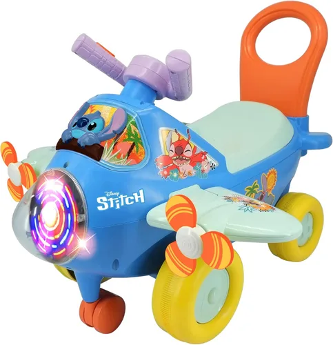 Kiddieland: Avión de actividad: Stitch - Vehículo Disney con luz y sonido, pie a piso, tablero interactivo, hélices, mango de empuje y tracción,