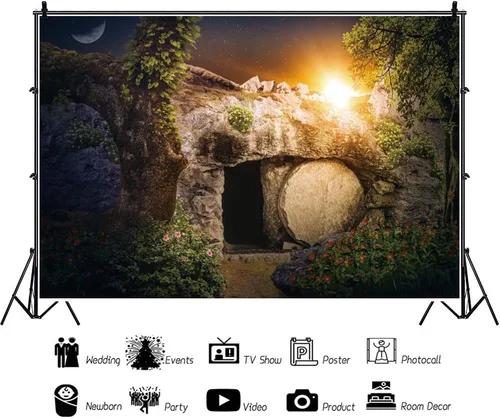 Miniatura 2 de Fondo de fotografía de tumba de piedra vacía de 5 x 3 pies Crucifixión de Jesucristo Luces Santas Fondo de cruz Dios bendiga a Jesús Cristiano Reza