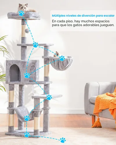 Miniatura 2 de Hey-brother Árbol para gatos con hamaca grande, torre para gatos de varios niveles para gatos de interior, condominio para gatos con postes claro