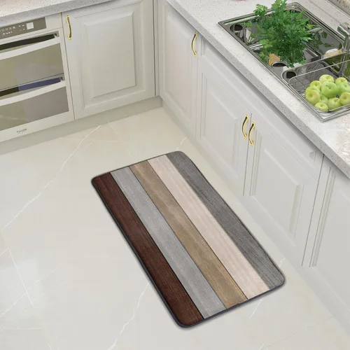 Miniatura 6 de Tapete de cocina con estampado de tablero de madera para piso, tablones marrones rústicos, acolchado, antifatiga, lavable, tapete de espuma