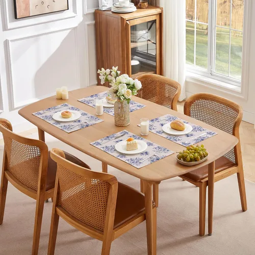 Miniatura 2 de LilyCat Manteles de tela de lino con estampado floral azul, manteles impermeables y duraderos de estilo bohemio para mesa de comedor, juego de 4