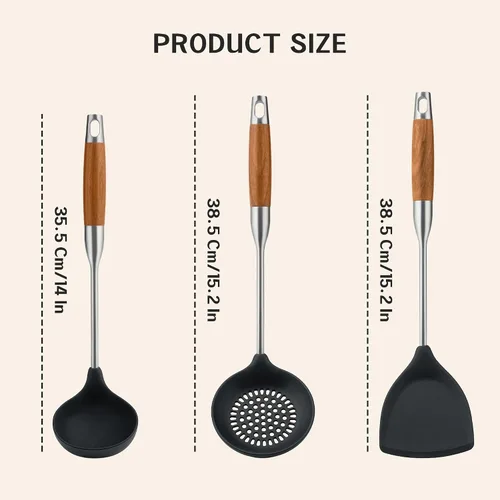 Miniatura 4 de FJNATINH Espátula de wok de silicona, Cucharón, Escumadera - Herramientas de wok de acero inoxidable, Utensilio de wok - Utensilios de cocina