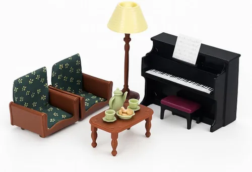 Juego de Casa de Muñecas Familiar para Sala de Estar — Piano con Banco y Partitura, Dos Sillones, Mesa de Centro, Lámpara de Pie y Juego de Té —