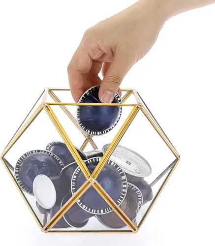 Miniatura 9 de ELLDOO Soporte para cápsulas de café de vidrio dorado, caja de vidrio de 14 caras de gran capacidad para tazas K y cápsulas Nespresso